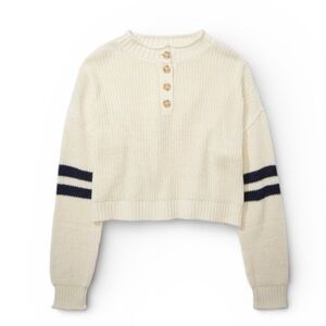 American Eagle A&E Womens Henley Cropped Sweater Cream/Navy Size Small